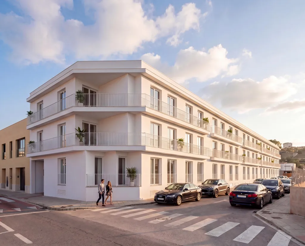 Render de la fachada en esquina del Residencial Alborada
