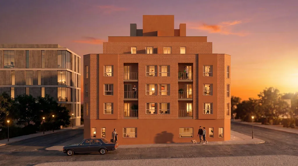 Render al anochecer de la esquina del Edificio Atalaya