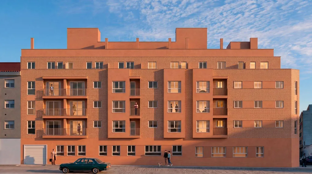 Render de un edificio residencial de ladrillo bajo un cielo azul
