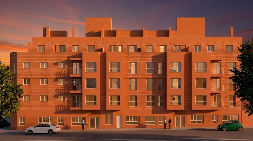 Render al atardecer de la fachada lateral del Edificio Atalaya