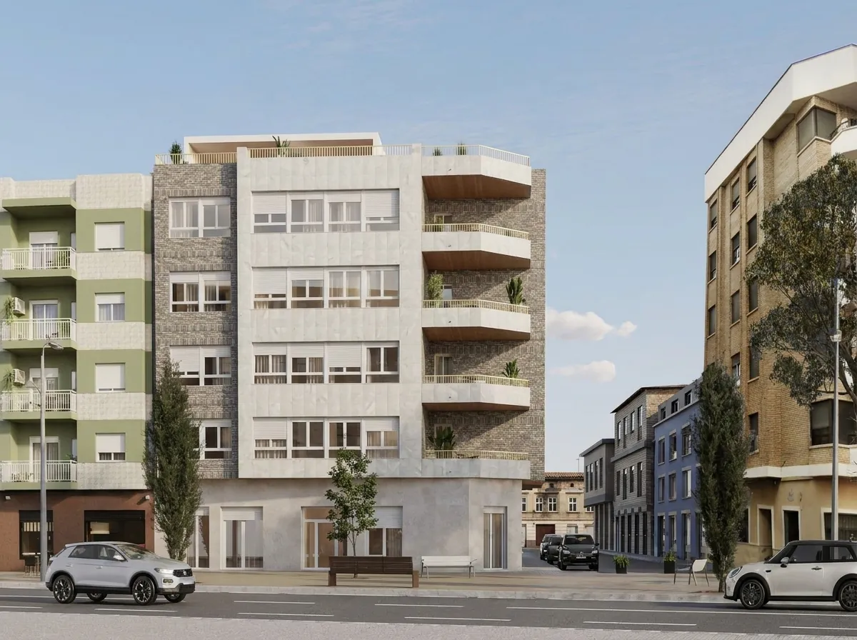 Render de la fachada en esquina del Edificio Azahar