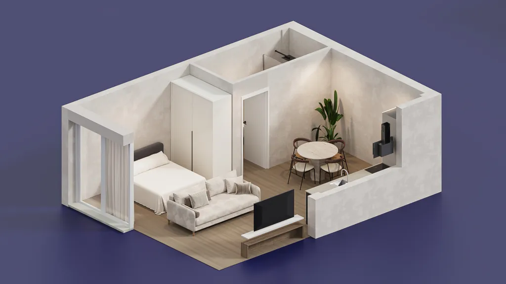 Vista axonométrica de una de las viviendas tipo loft