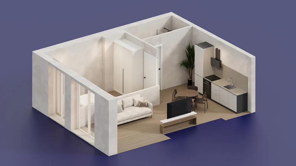 Vista axonométrica de una vivienda con dormitorio independiente