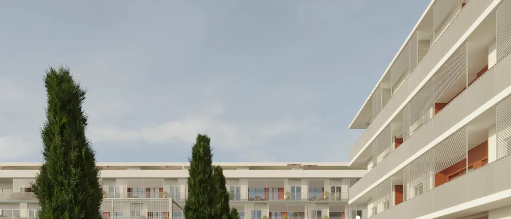 Render de dos bloques del Residencial Brisa con cipreses en el espacio ajardinado entre ellos