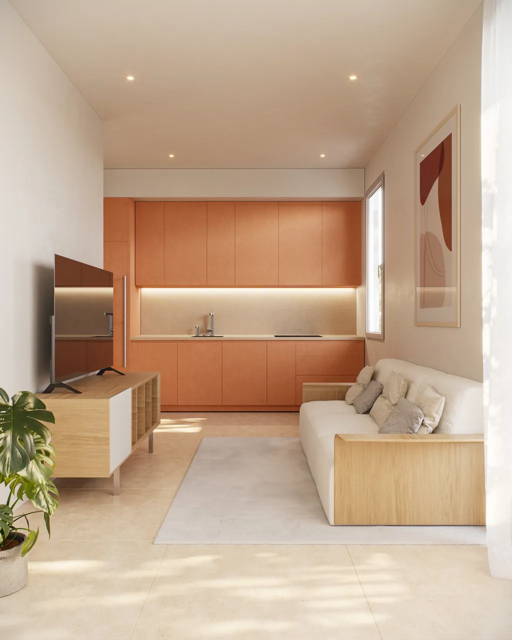 Render de un salón con cocina abierta en tonos terracota