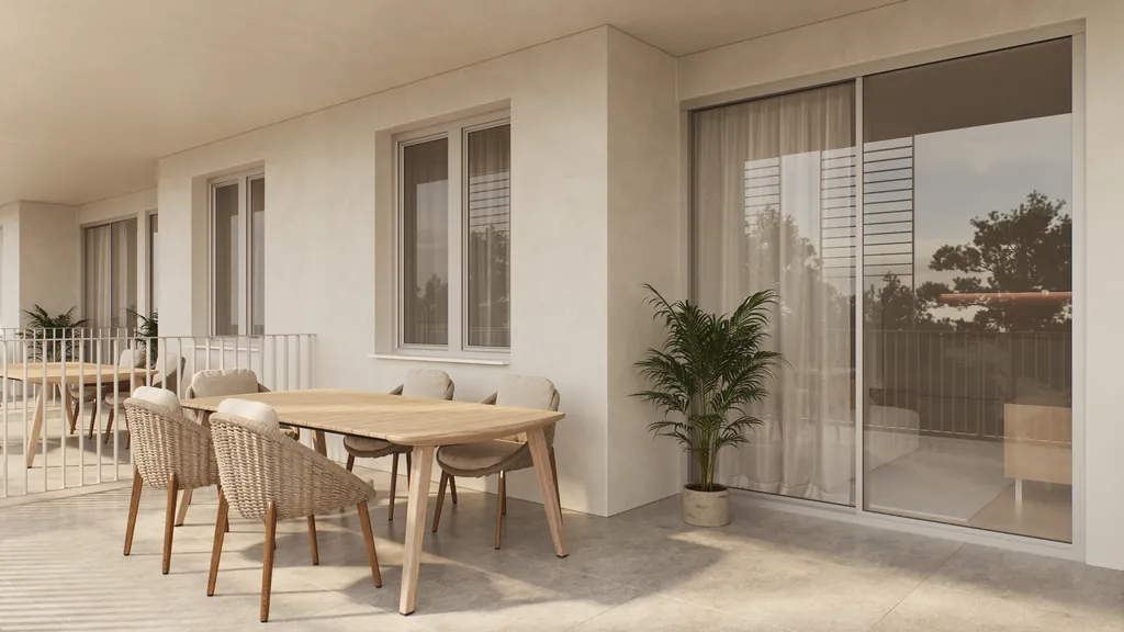 Render de la terraza cubierta de una vivienda con mesa de comedor