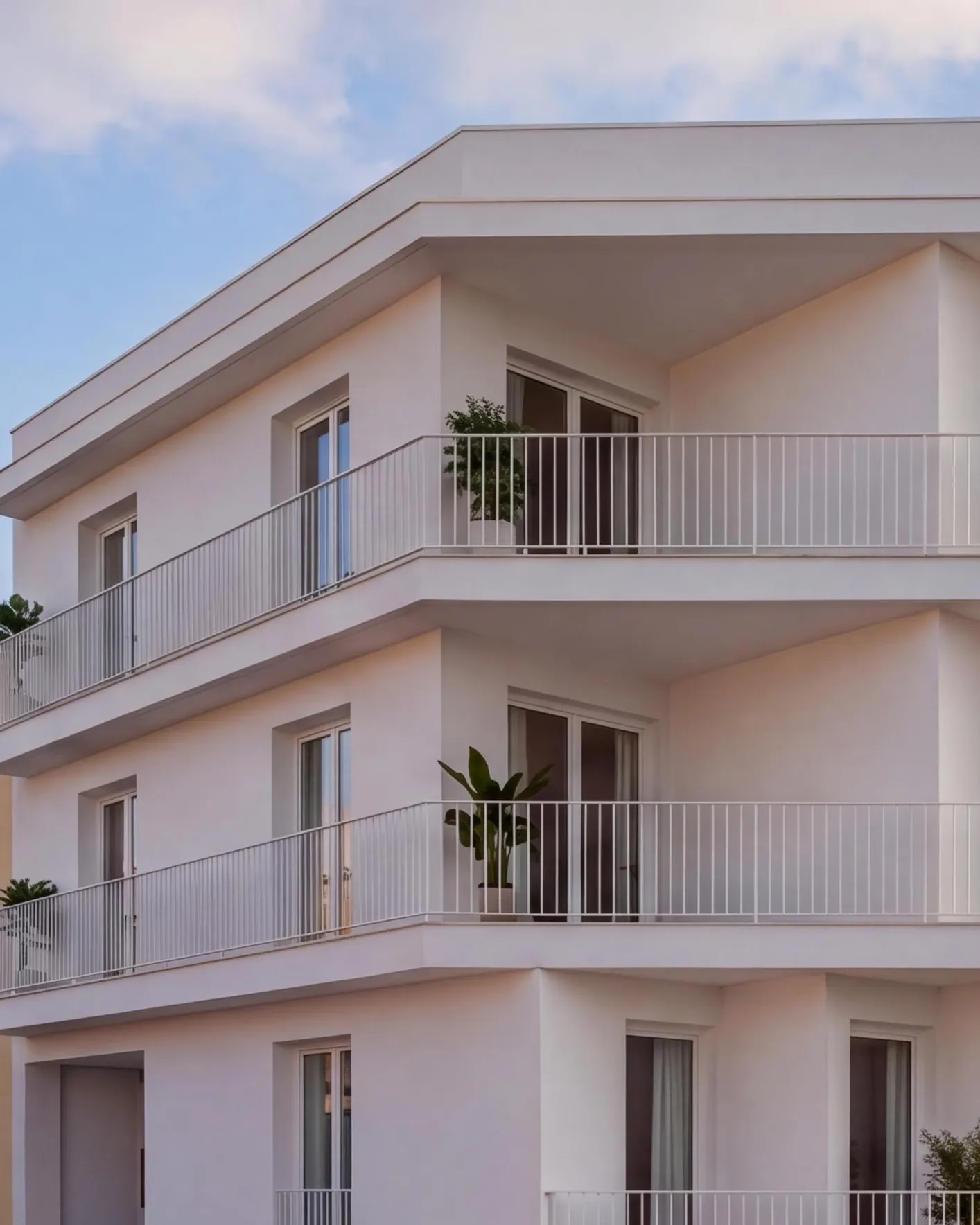 Render de detalle de las terrazas de un edificio residencial